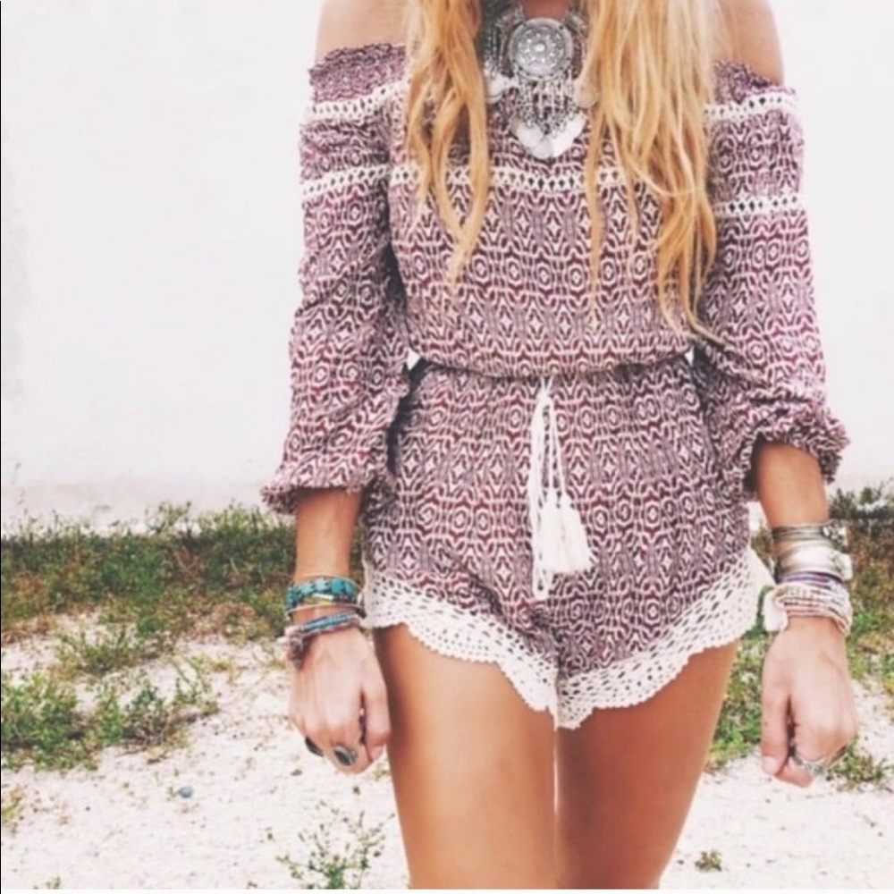 LF red white pattern off the shoulder romper